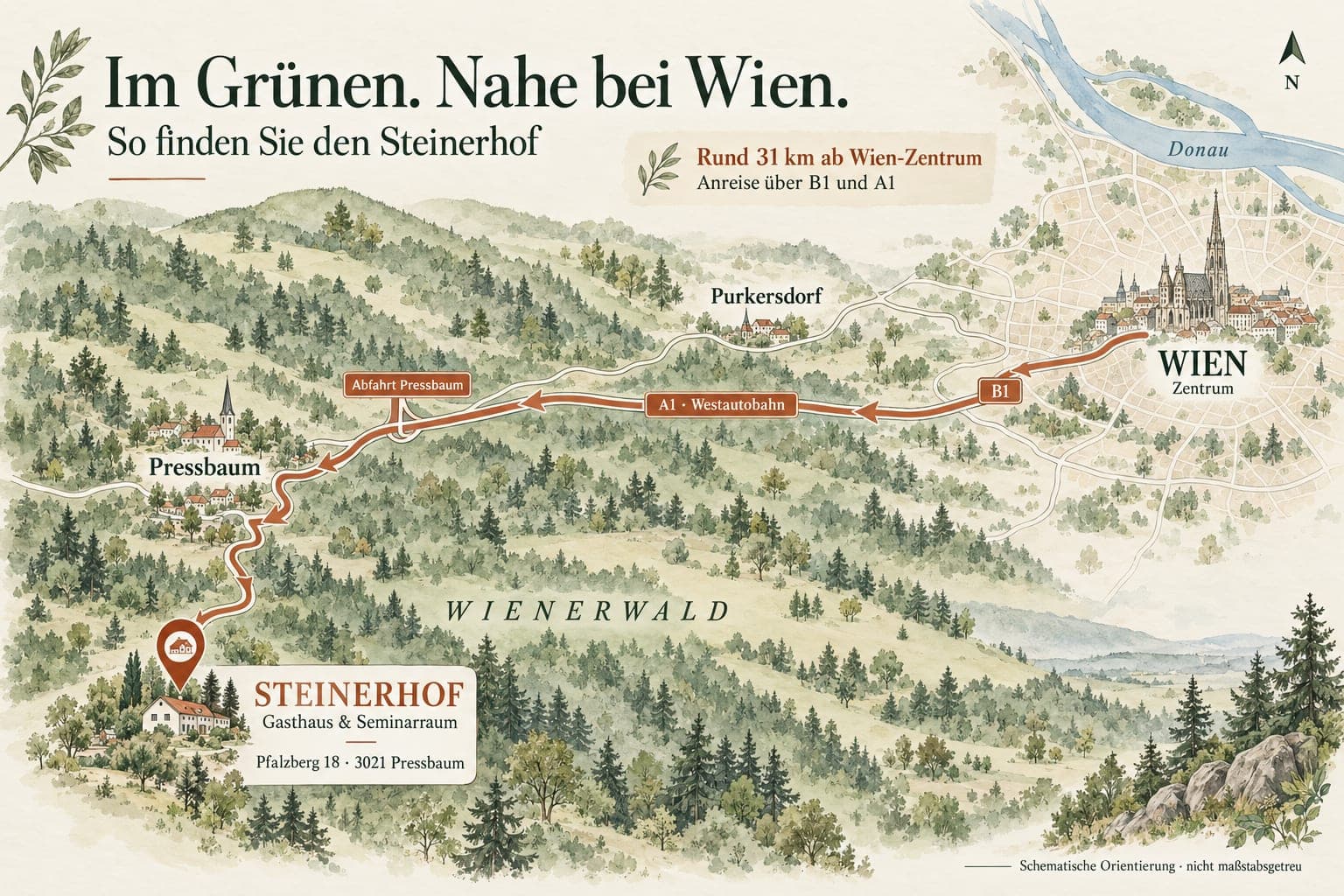 Lageplan: Anreise vom Wiener Zentrum über die B1 und die Westautobahn A1 zur Abfahrt Pressbaum zum Steinerhof im Wienerwald